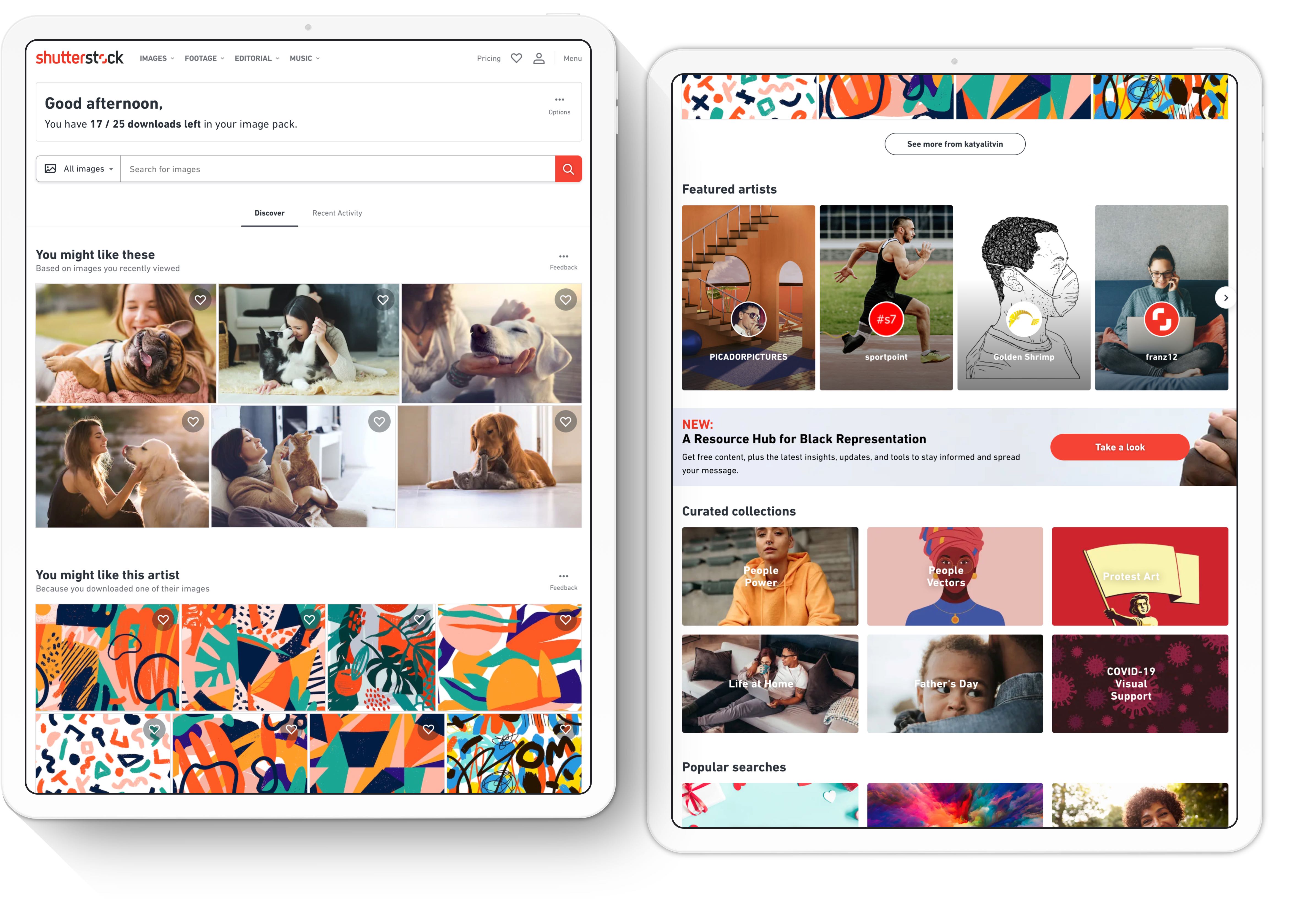 The Shutterstock logged-in homepage on iPad Pro